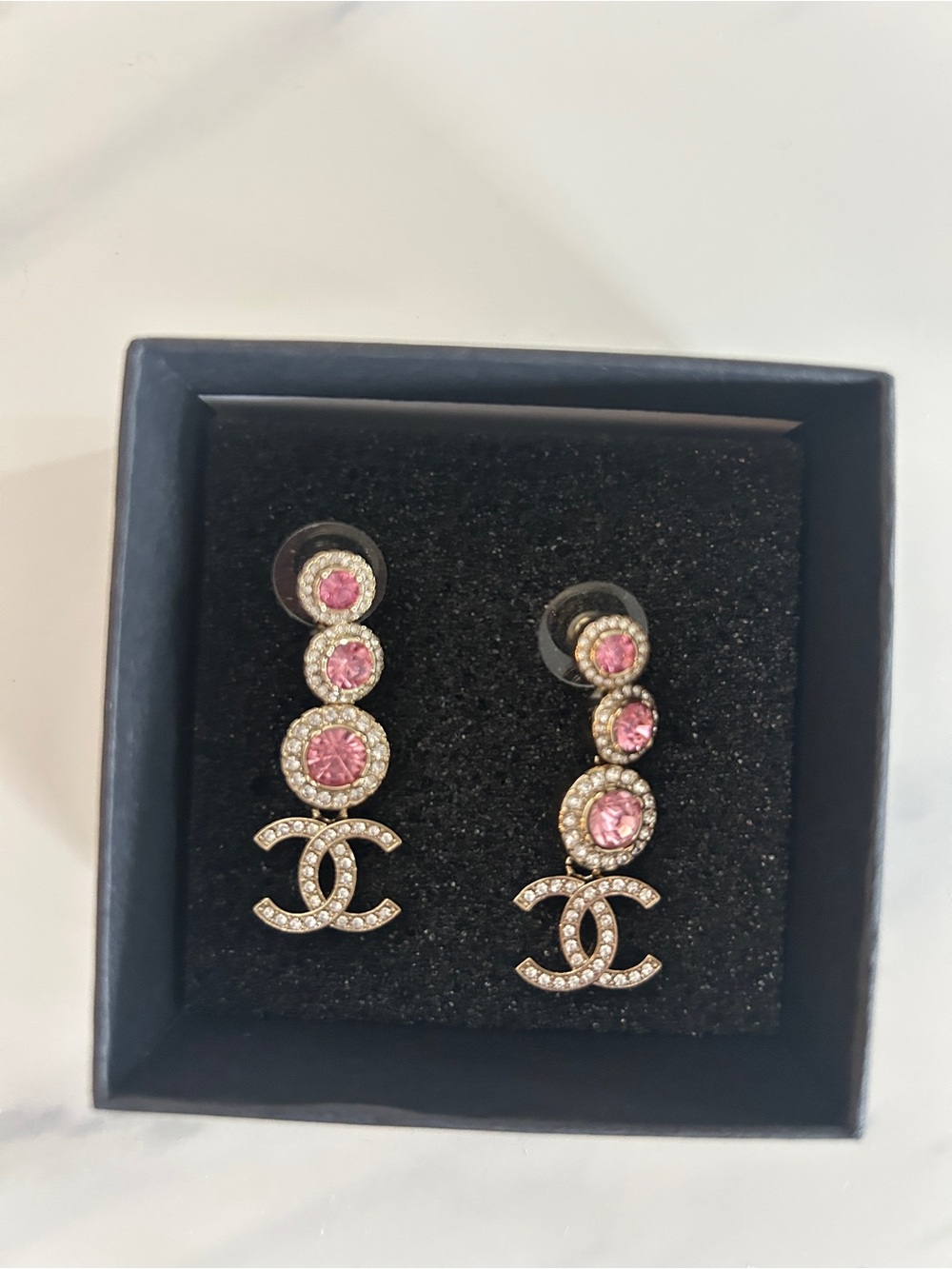 Pink Crystal Drop CC Logo Earrings